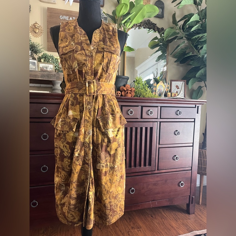 Anthropologie Moulinette Soeurs Golden Brown Floral Belted Dress